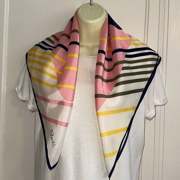 Vintage 60s/70s Paoli white, pink, navy blue, green & yellow acetate scarf - Picture 7 of 10